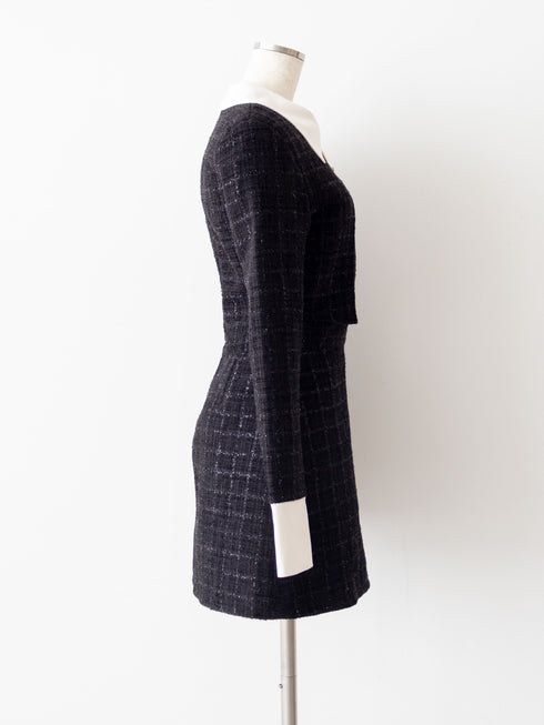 Asymmetry buckle tweed dress